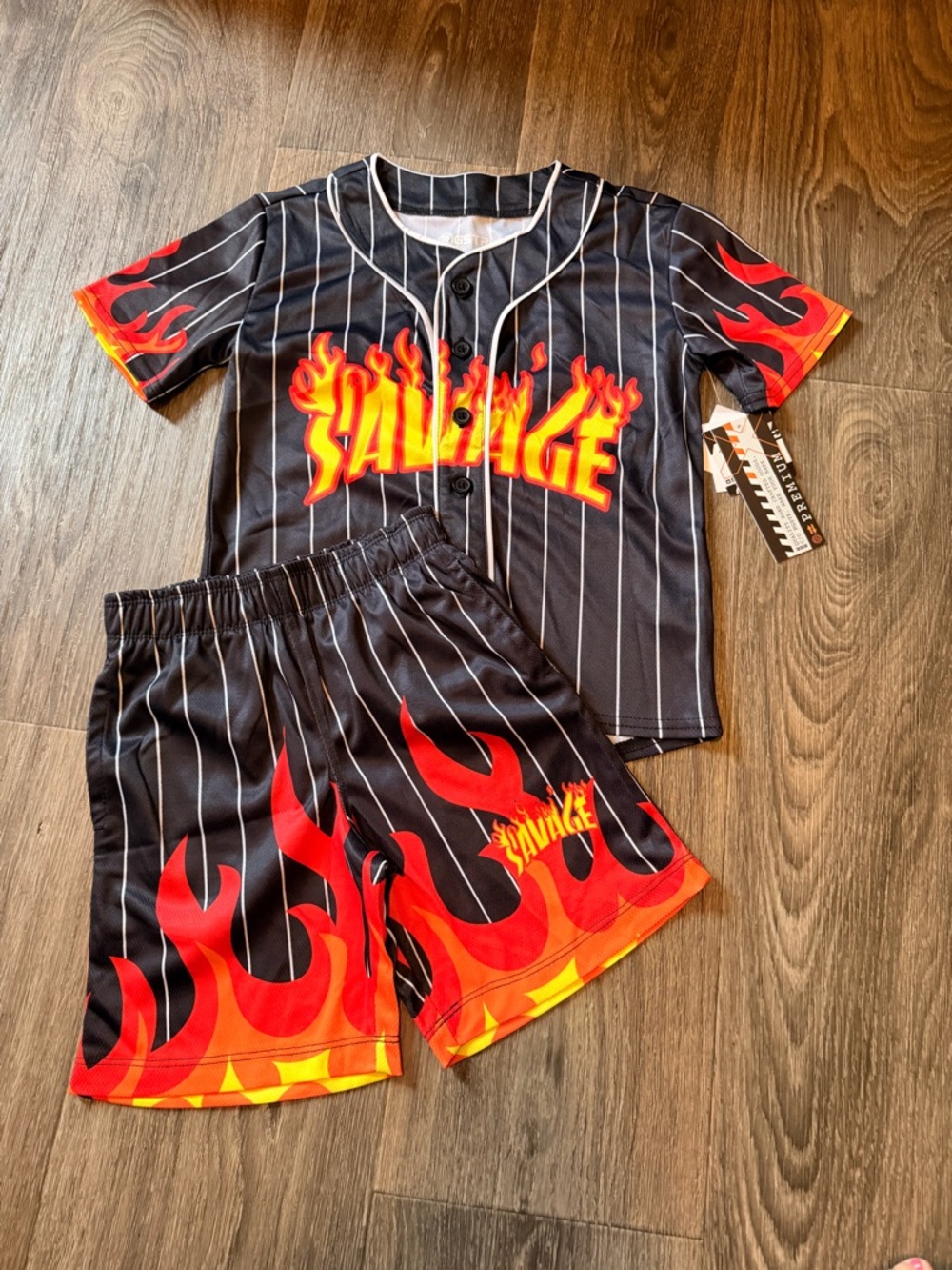Kids 'Savage' Flame Pinstripe Matching Set - Black & Red
